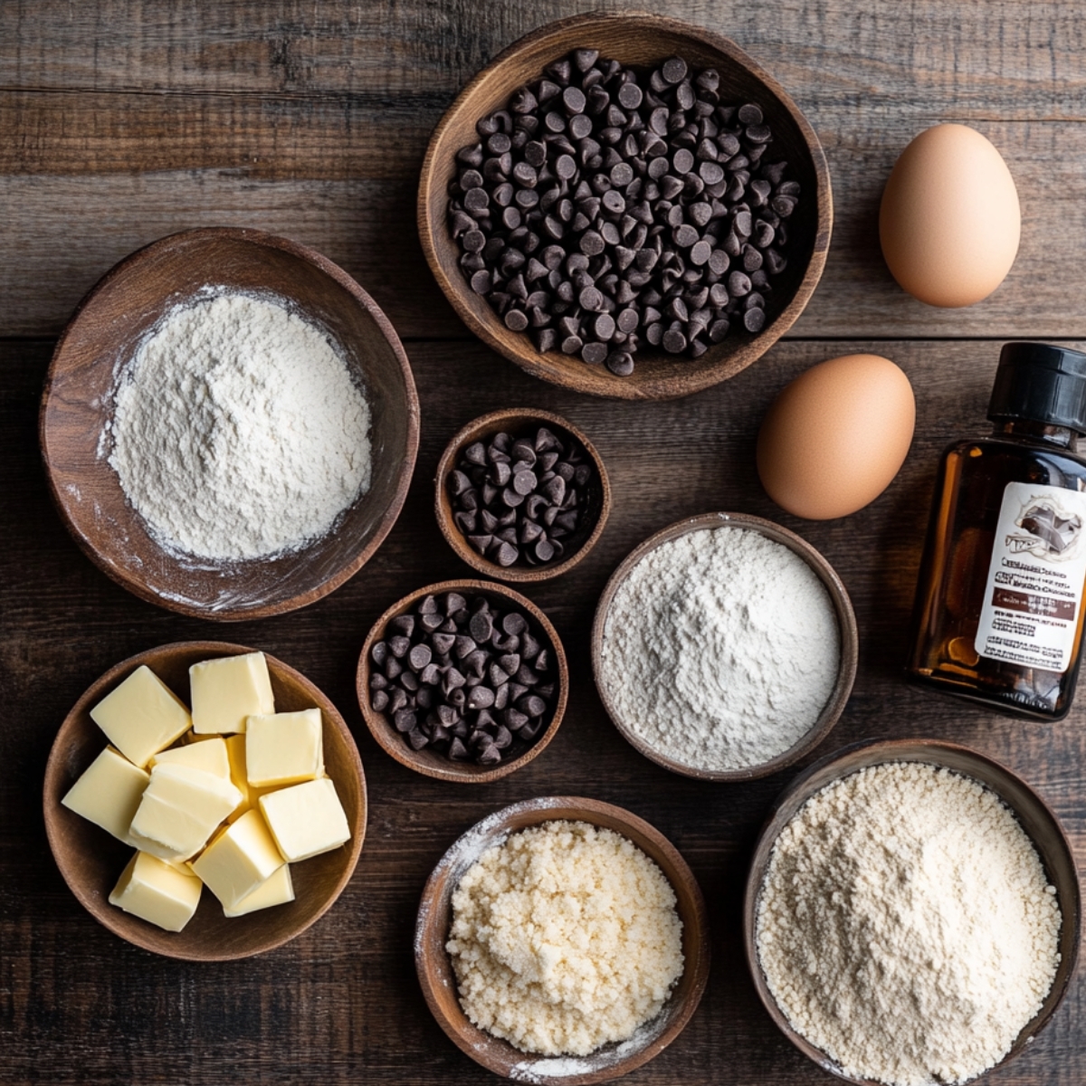 Top-down view of real, homemade cheesecake stuffed chocolate chip cookie ingredients: flour, cubed butter, chocolate chips, brown and white sugar, eggs, and vanilla extract, arranged on a rustic wooden table.