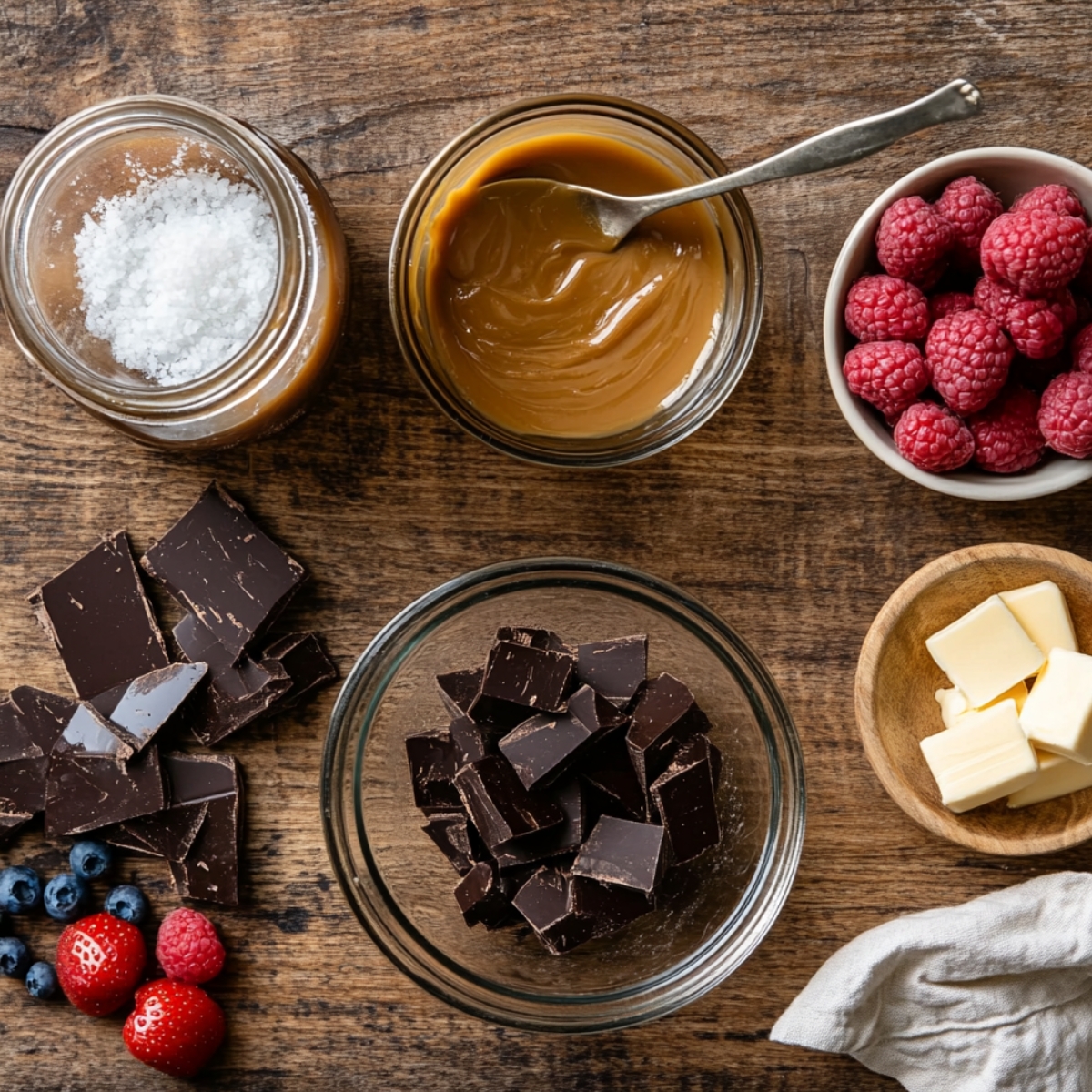 Ingredients for chocolate caramel cake on a rustic wood surface, including chopped dark chocolate, caramel sauce, flaky sea salt, butter, and fresh berries.