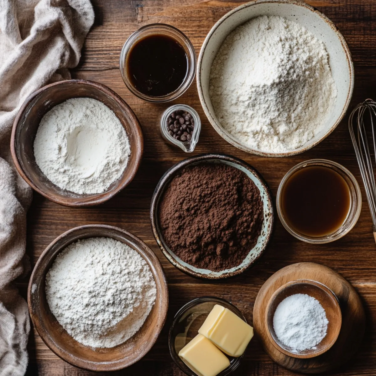 Baking ingredients for homemade chocolate caramel cake arranged on a rustic wooden surface, including flour, cocoa powder, butter, coffee, and baking essentials.