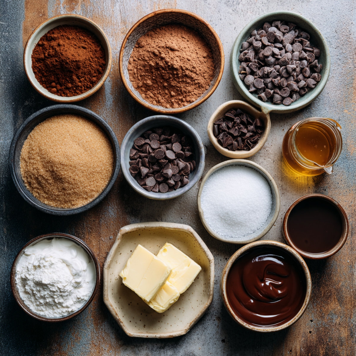 Overhead shot of chocolate cinnamon roll ingredients: cocoa, sugars, chocolate chips, butter, and glaze, in rustic bowls on a textured surface.