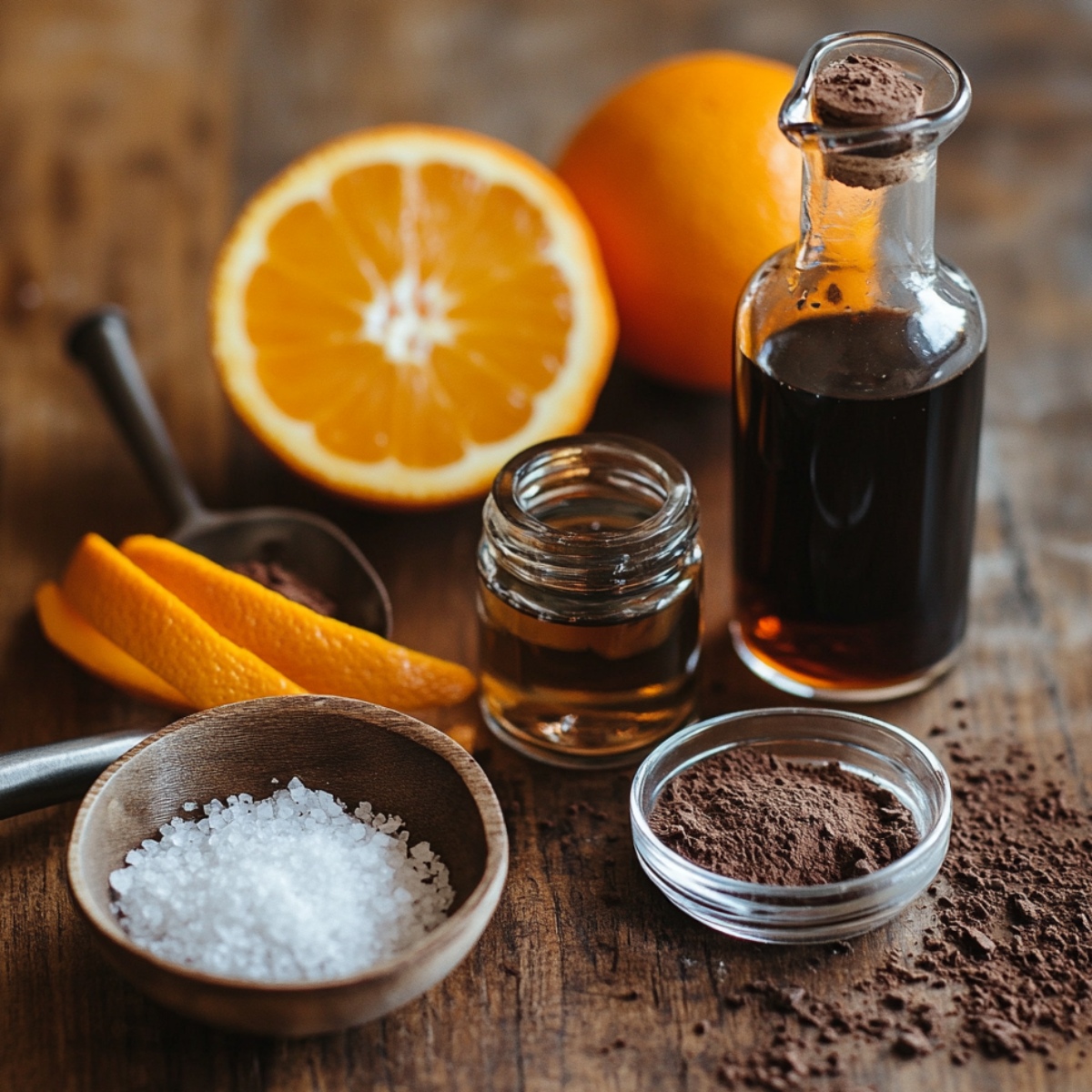Flavor add-ins for chocolate truffles on a wooden counter: sea salt, cocoa powder, vanilla extract, liqueur, and fresh orange with zest strips.