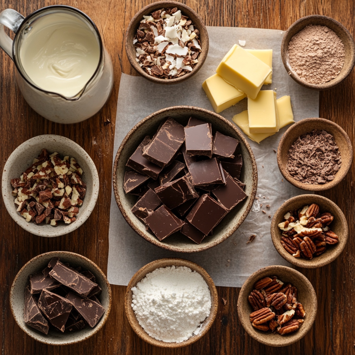 A wooden table with ingredients for homemade chocolate truffles, including dark chocolate, butter, cream, cocoa powder, powdered sugar, nuts, and shredded coconut in small bowls.