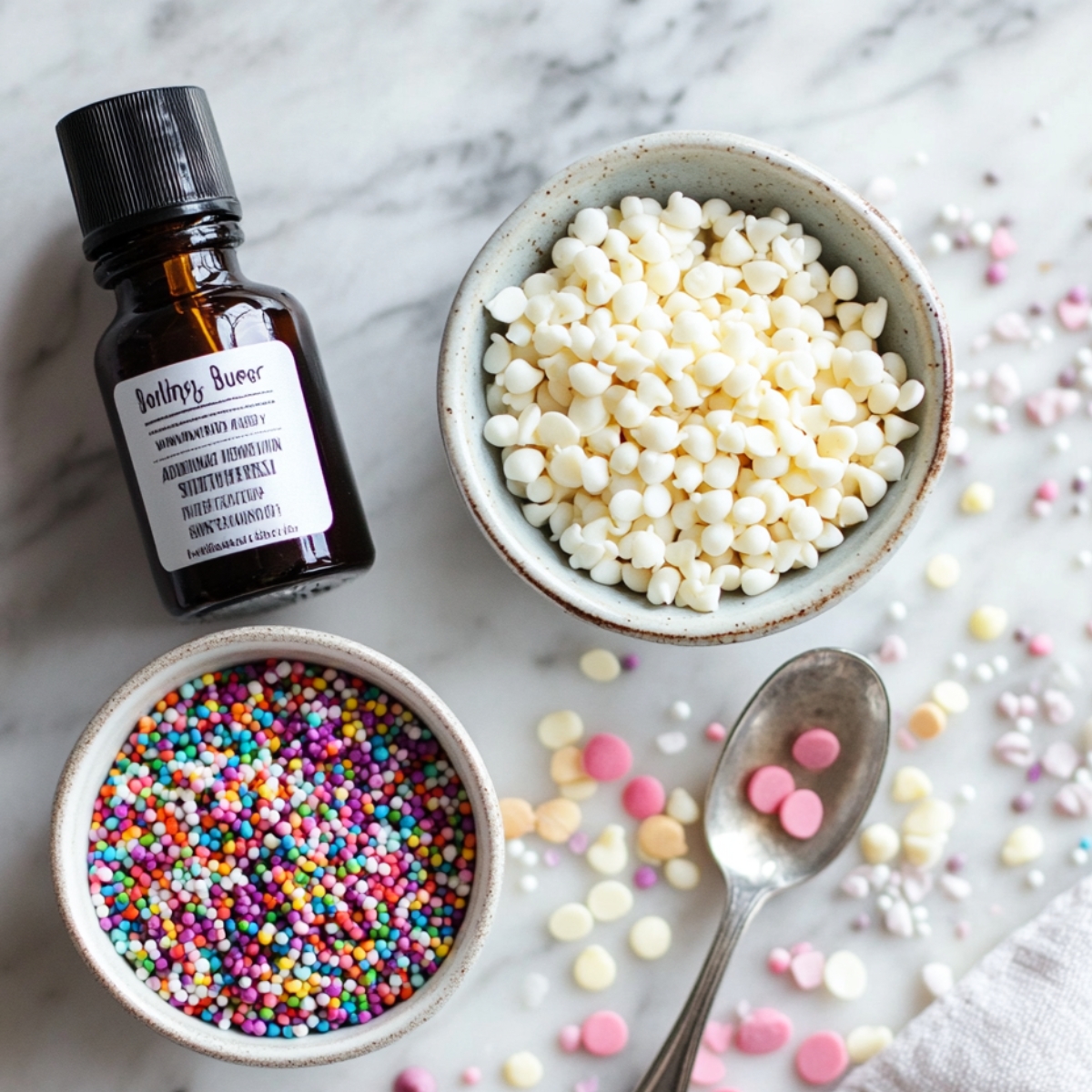 Flat lay of white chocolate chips, rainbow sprinkles, almond extract bottle, and candy decorations on a marble surface with a spoon.