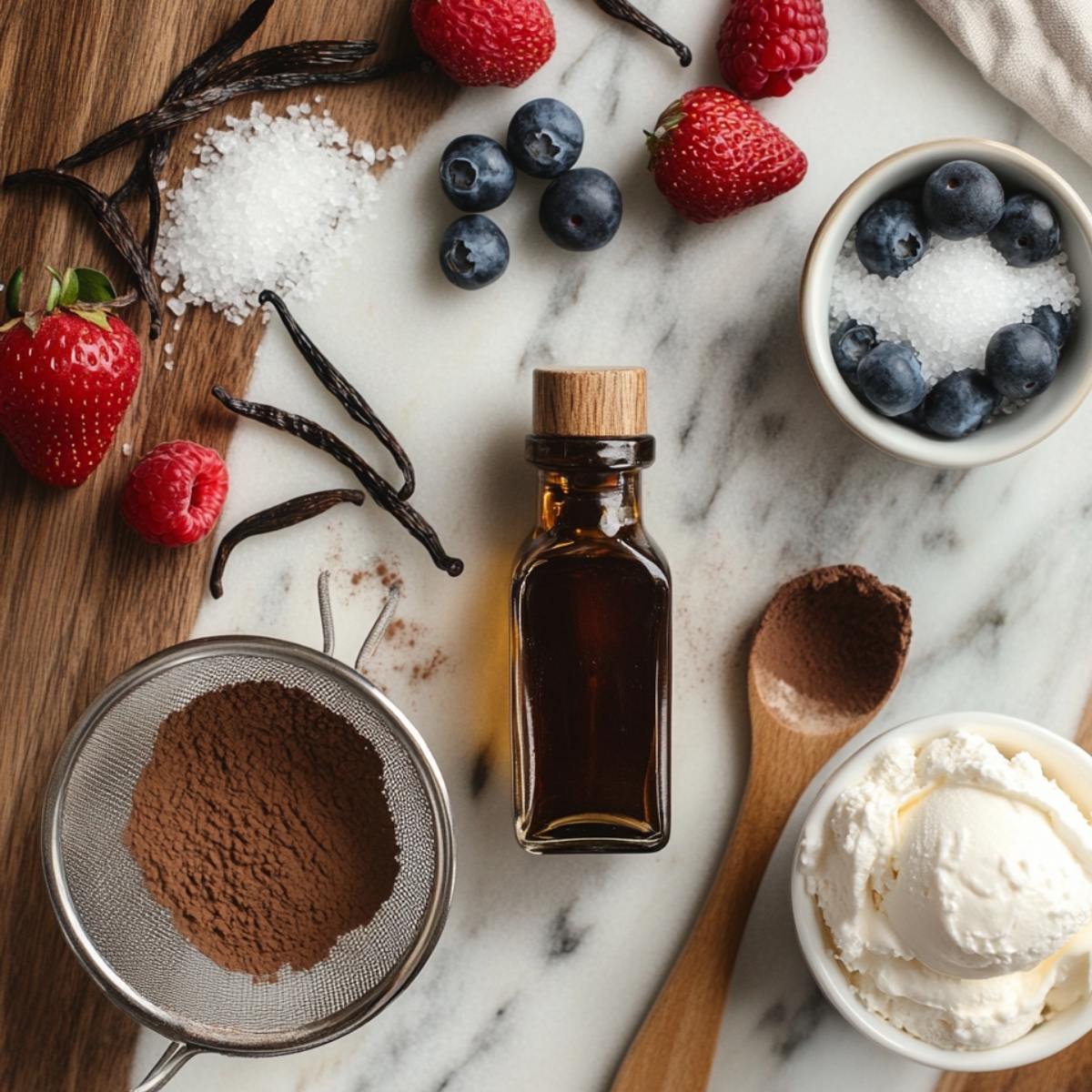 Optional ingredients and toppings for a homemade flourless chocolate cake, including vanilla extract, cocoa powder, fresh berries, sugar, and a scoop of vanilla ice cream on a marble and wood surface.