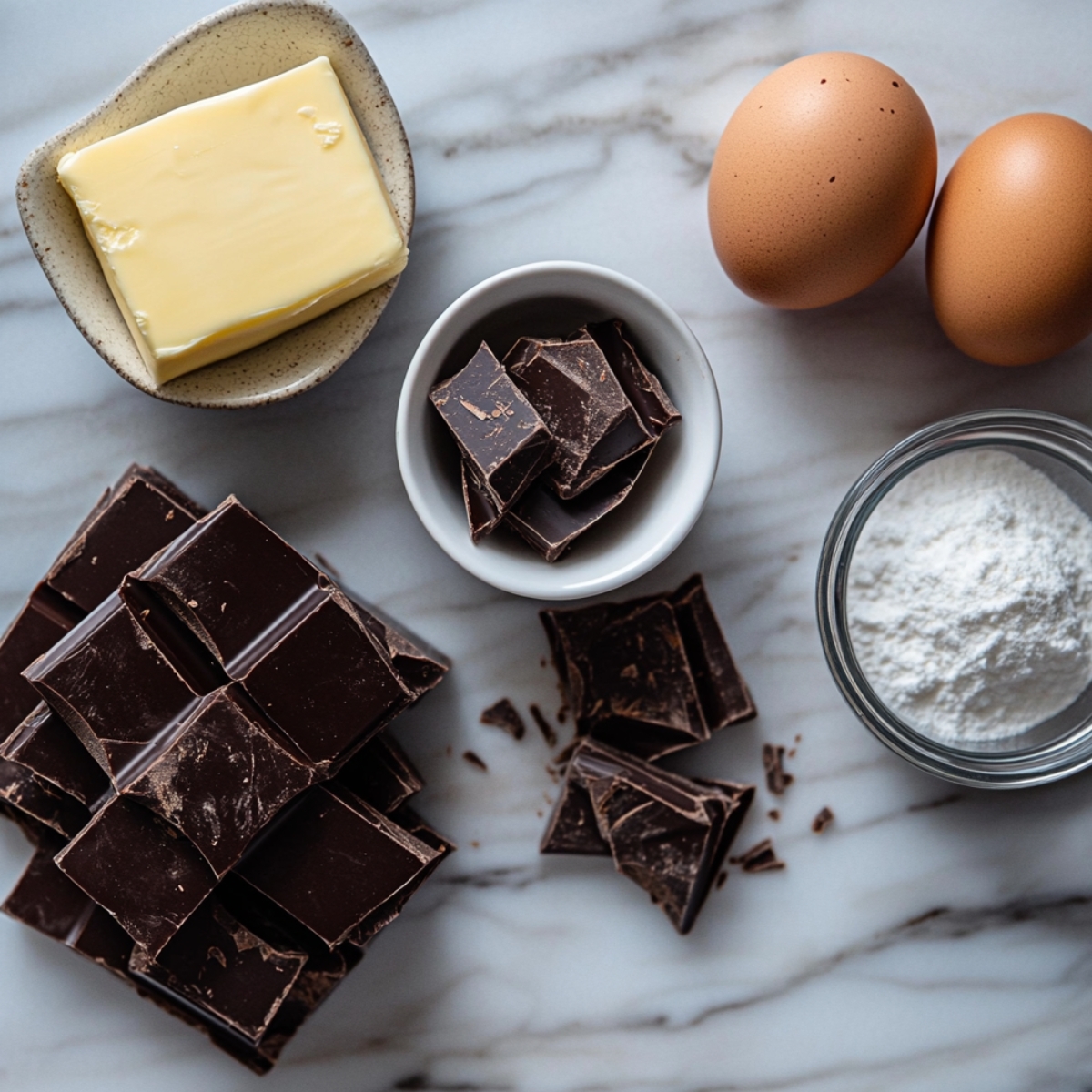 Top-down view of flourless chocolate cake ingredients: dark chocolate chunks, butter, eggs, and sugar on a marble surface.