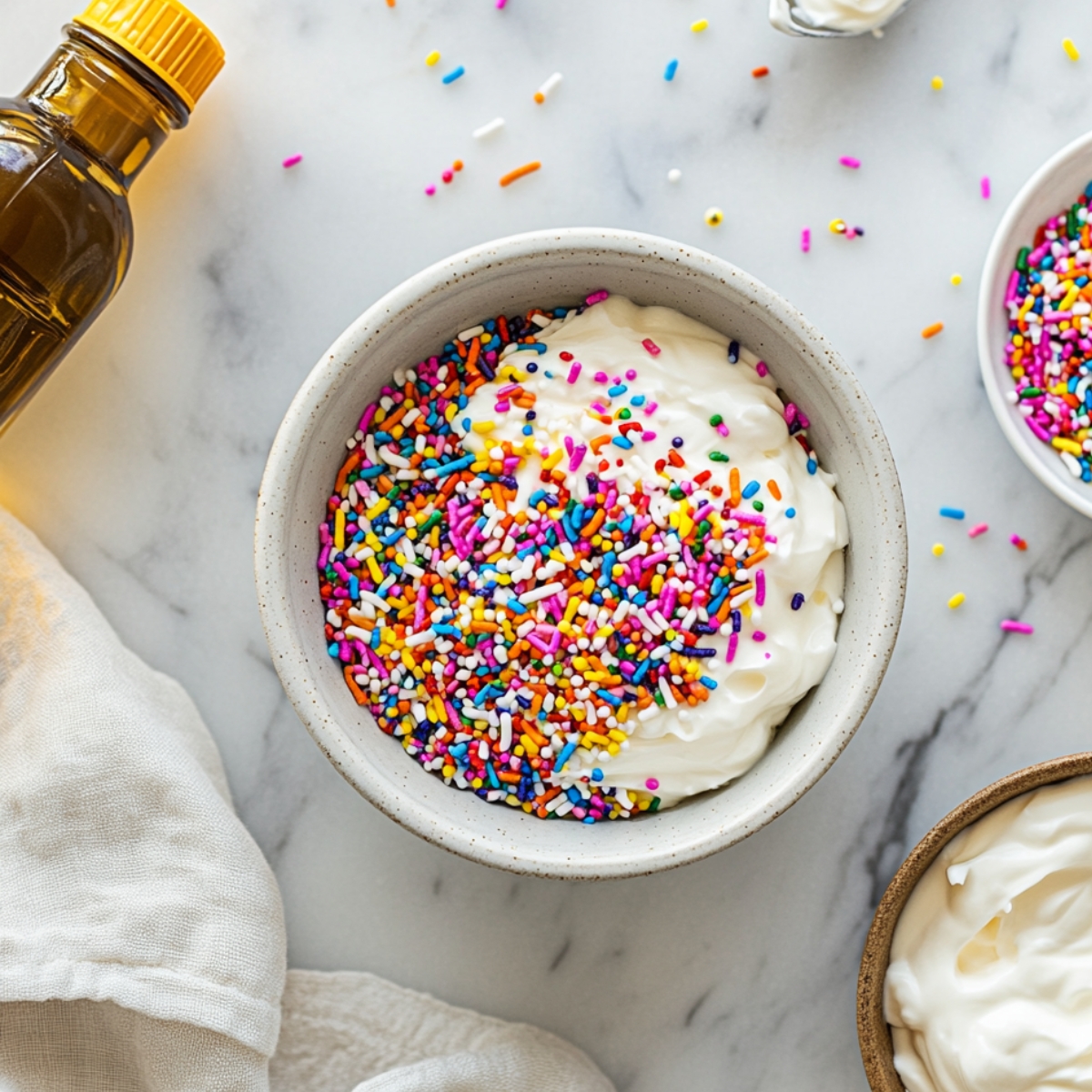 Bowl of thick sour cream topped with colorful rainbow sprinkles on a marble counter, surrounded by vanilla extract, a white linen cloth, and extra sprinkles.