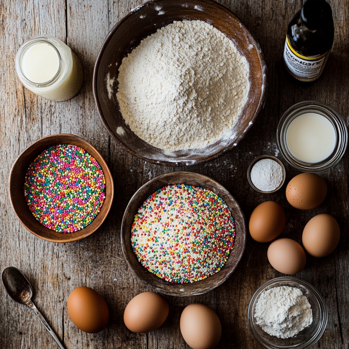 Baking ingredients for homemade Funfetti cake on a rustic wooden surface, including flour, eggs, milk, vanilla, and colorful sprinkles.