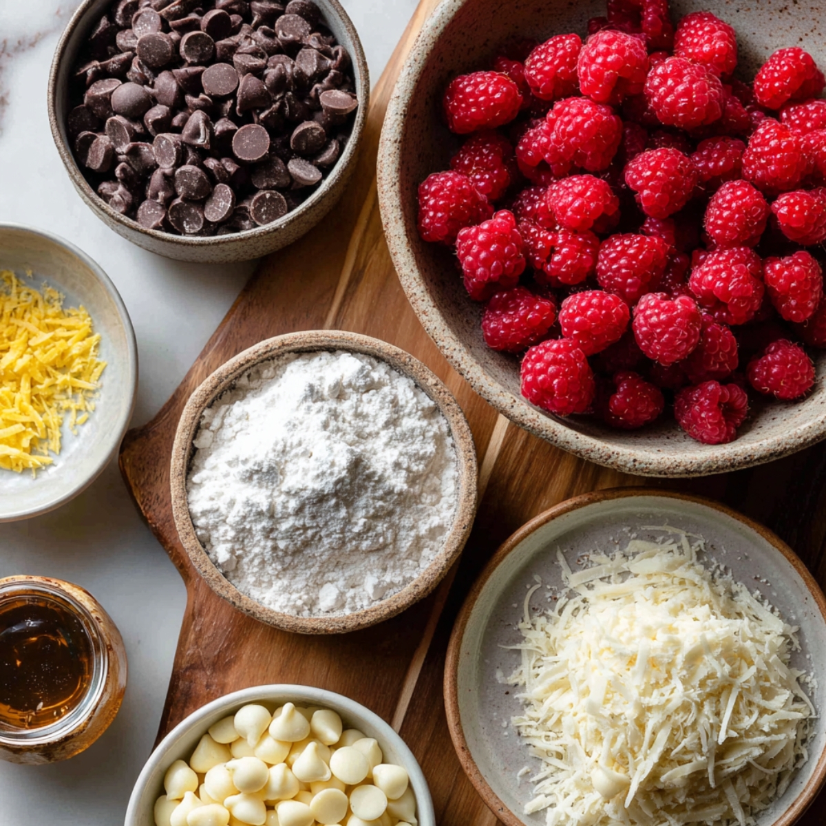 Top-down view of raspberry chocolate chip cookie ingredients: a bowl of fresh raspberries, dark and white chocolate chips, flour, shredded white chocolate, lemon zest, and vanilla extract, all arranged on a wooden board.