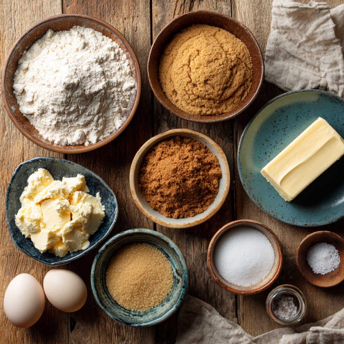 Top-down view of cookie ingredients on a rustic wooden table: flour, sugars, butter, eggs, salt, and baking soda in various bowls and dishes.