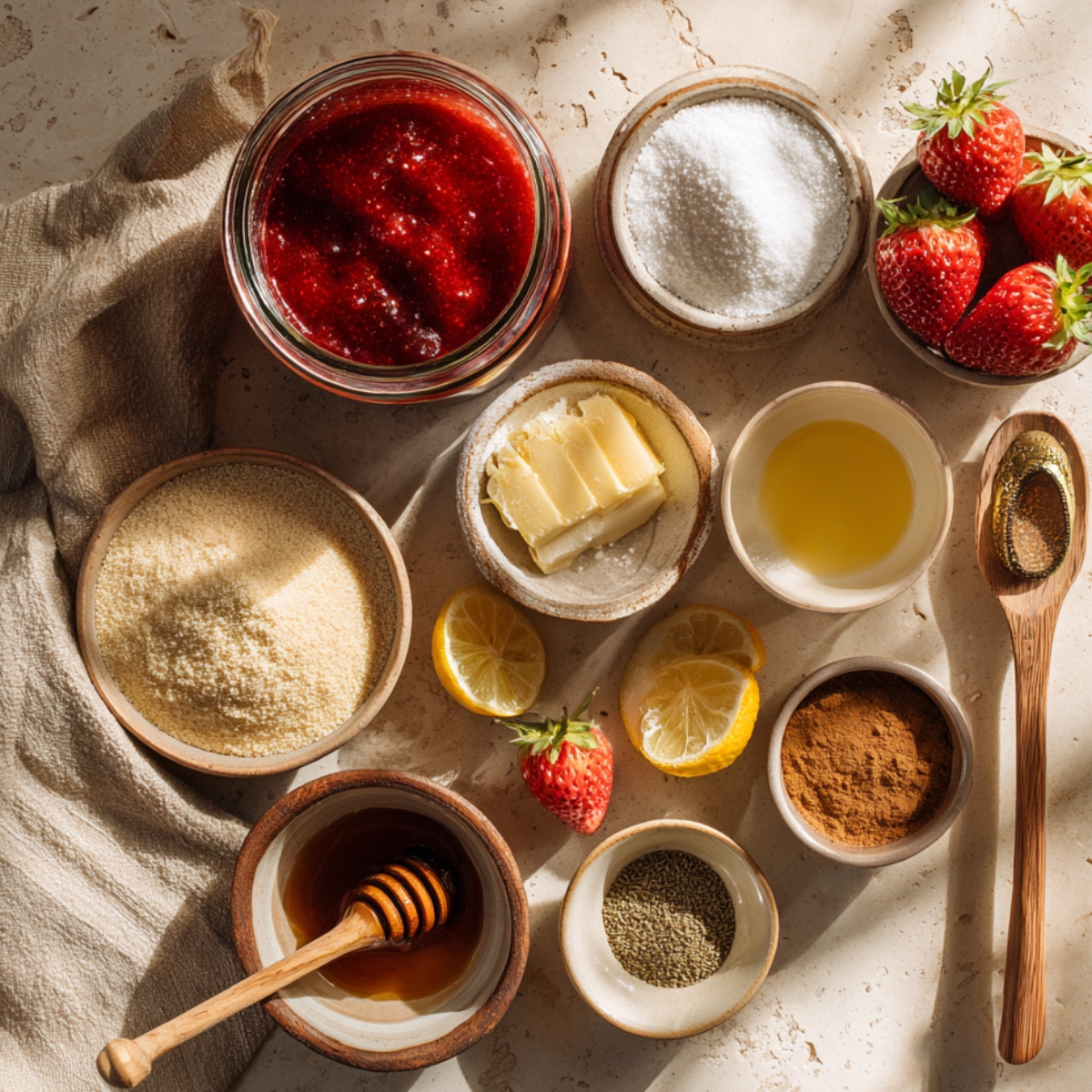 Top-down view of ingredients for strawberry cheesecake cinnamon rolls, including strawberry jam, fresh strawberries, sugar, butter, lemon slices, cinnamon, and cornstarch, arranged on a rustic countertop with warm natural light.