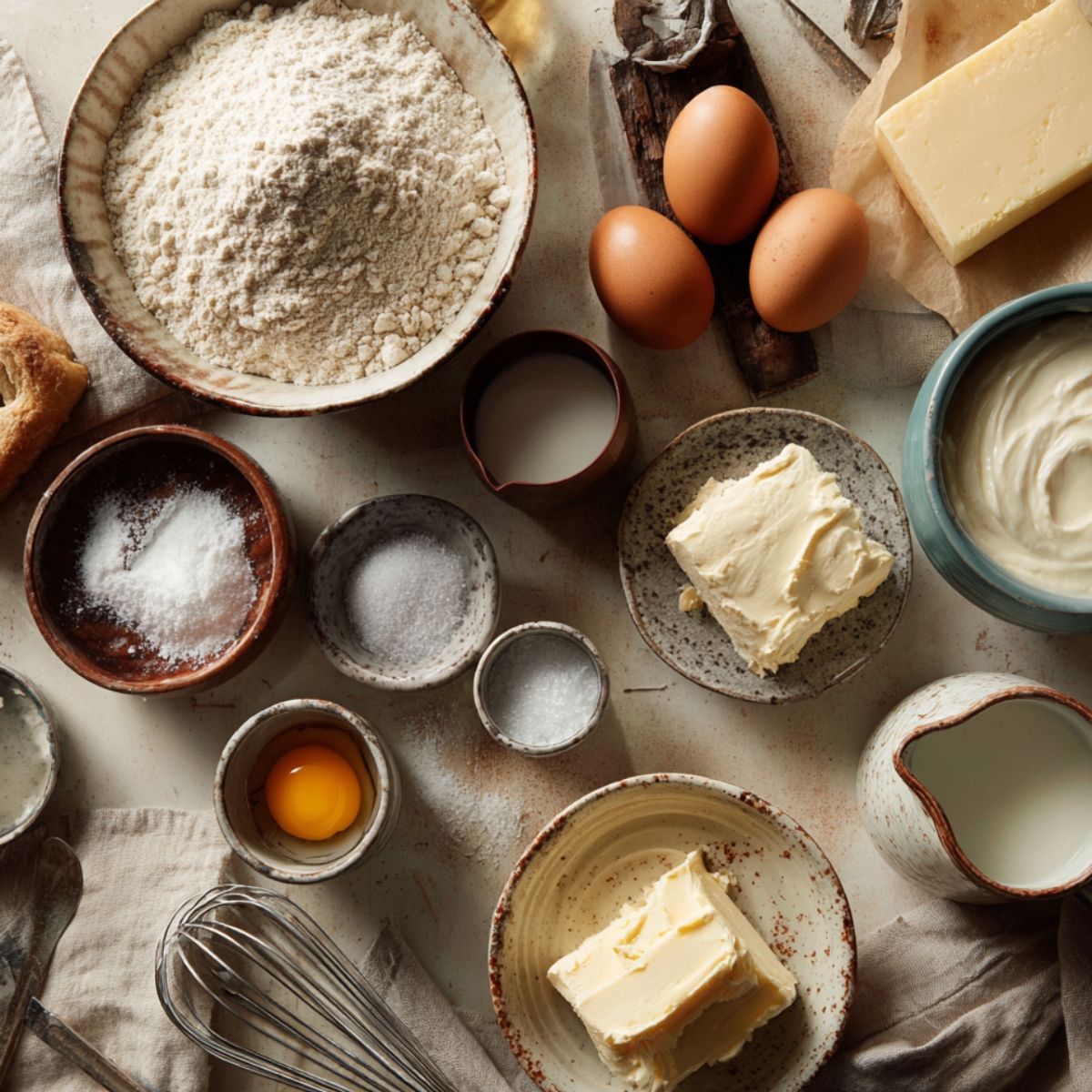 Top-down view of baking ingredients for strawberry cheesecake cinnamon rolls, including flour, eggs, butter, milk, sugar, salt, cream cheese, and an egg yolk, arranged on a rustic kitchen counter.