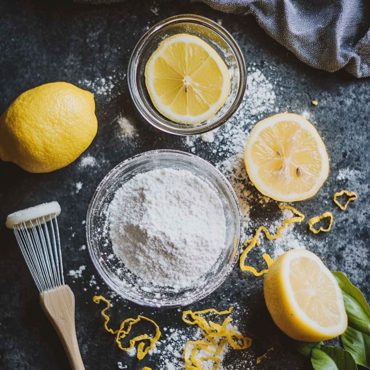 Overhead view of powdered sugar in a glass bowl surrounded by fresh lemon halves, zest, a whole lemon, and a wooden pastry brush on a dark countertop dusted with flour.