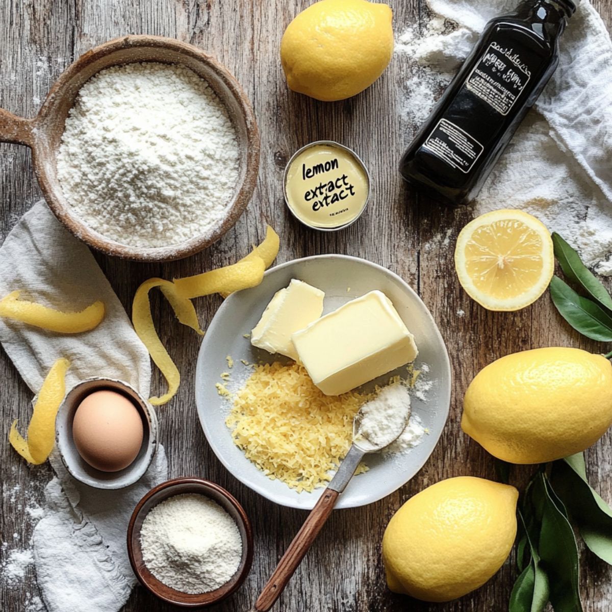 Flat lay of lemon cookie ingredients on a rustic wooden surface, including flour, butter, lemon zest, powdered sugar, egg, lemon extract, vanilla, and fresh lemons with peels and leaves.
