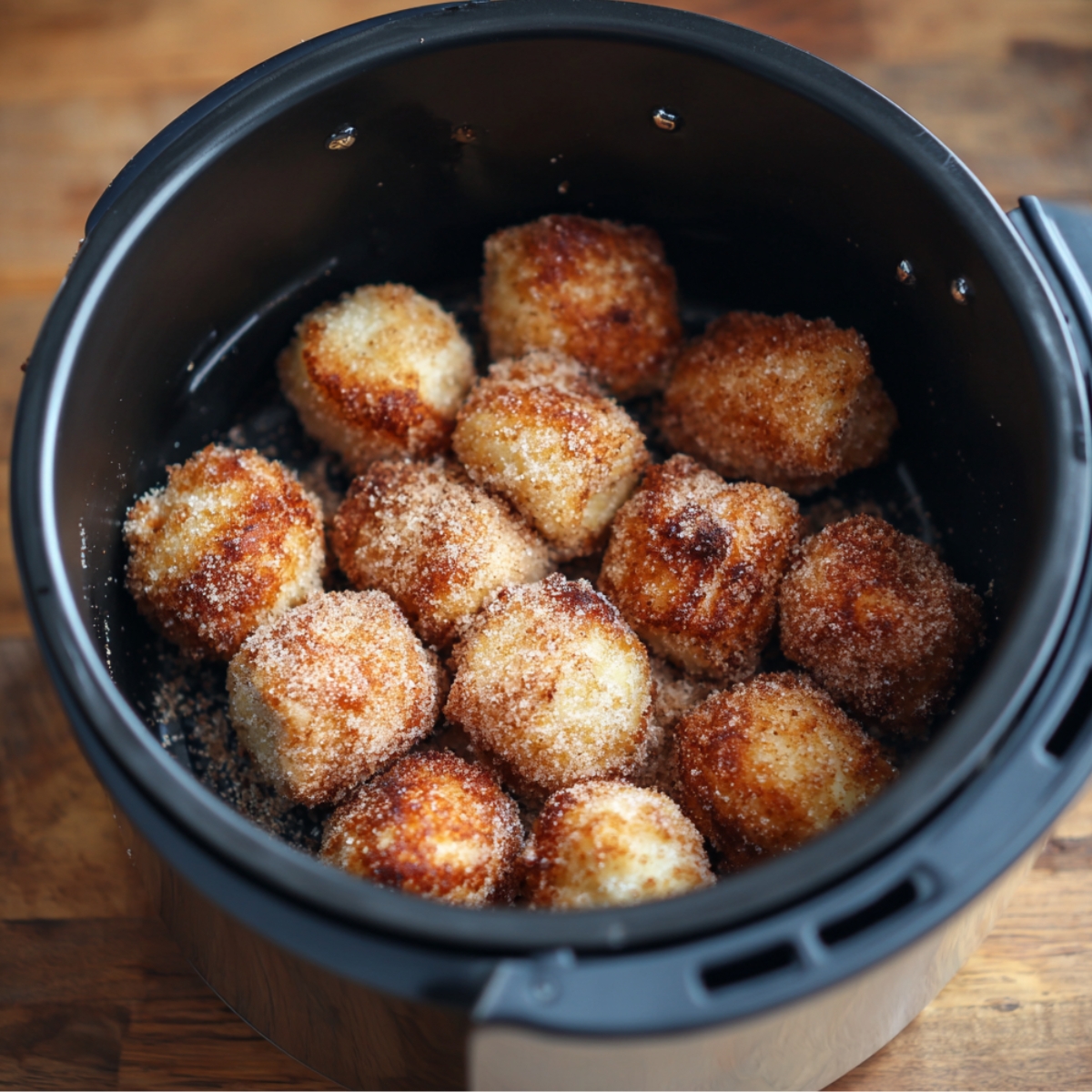Golden brown cinnamon-sugar churro bites freshly cooked in an air fryer basket, with crisp edges and a rustic, homemade texture.