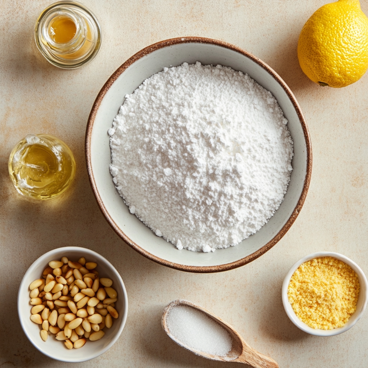Italian wedding cookie ingredients, including powdered sugar, pine nuts, lemon zest, sugar, and small jars of extract, arranged on a light kitchen surface.