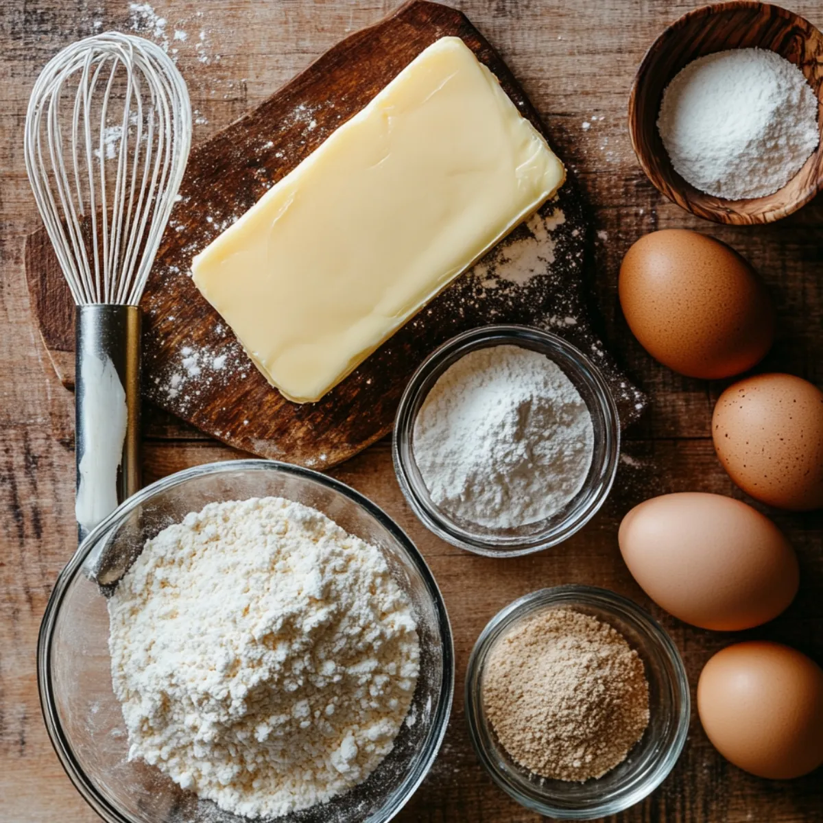 Italian wedding cookie ingredients on a wooden table, including butter, eggs, almond flour, powdered sugar, and a whisk.