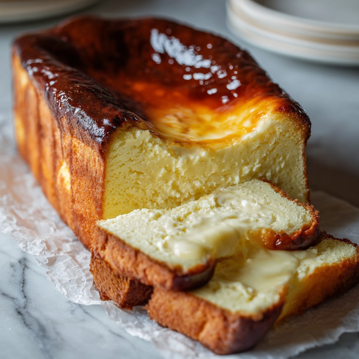Loaf pan Basque cheesecake with a caramelized top and creamy center, sliced to reveal its rich, custardy interior on a wooden board.
