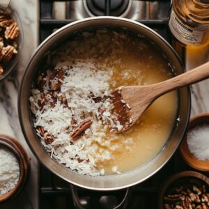 A saucepan on a stovetop filled with bubbling coconut pecan topping being stirred with a wooden spoon, showing shredded coconut and pecans mixing into a golden, buttery base.