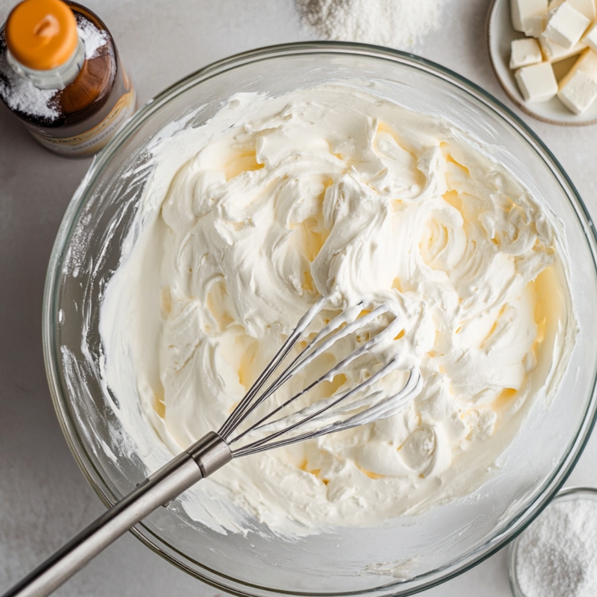 Fluffy whipped cream in a glass bowl with a metal whisk, surrounded by vanilla extract, powdered sugar, and cubed cream cheese—part of homemade Black Forest brownie prep.
