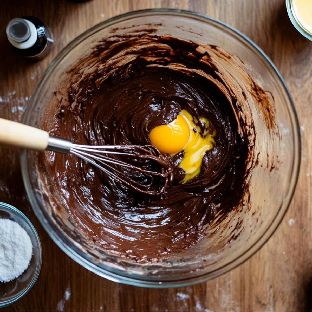 A whisk stirring an egg yolk into a thick chocolate mixture in a glass bowl on a wooden countertop, with vanilla extract and sugar nearby — part of making a homemade flourless chocolate cake.