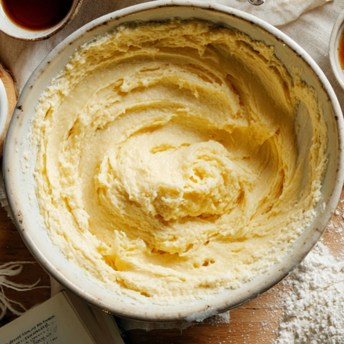 Thick, creamy apple cinnamon cake batter swirled in a large ceramic mixing bowl, sitting on a wooden countertop dusted with flour. Surrounding are hints of vanilla extract, eggs, and a recipe book, evoking a real homemade baking scene.