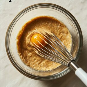 Glass bowl with brownie batter and a raw egg being whisked, shown from above on a light surface.