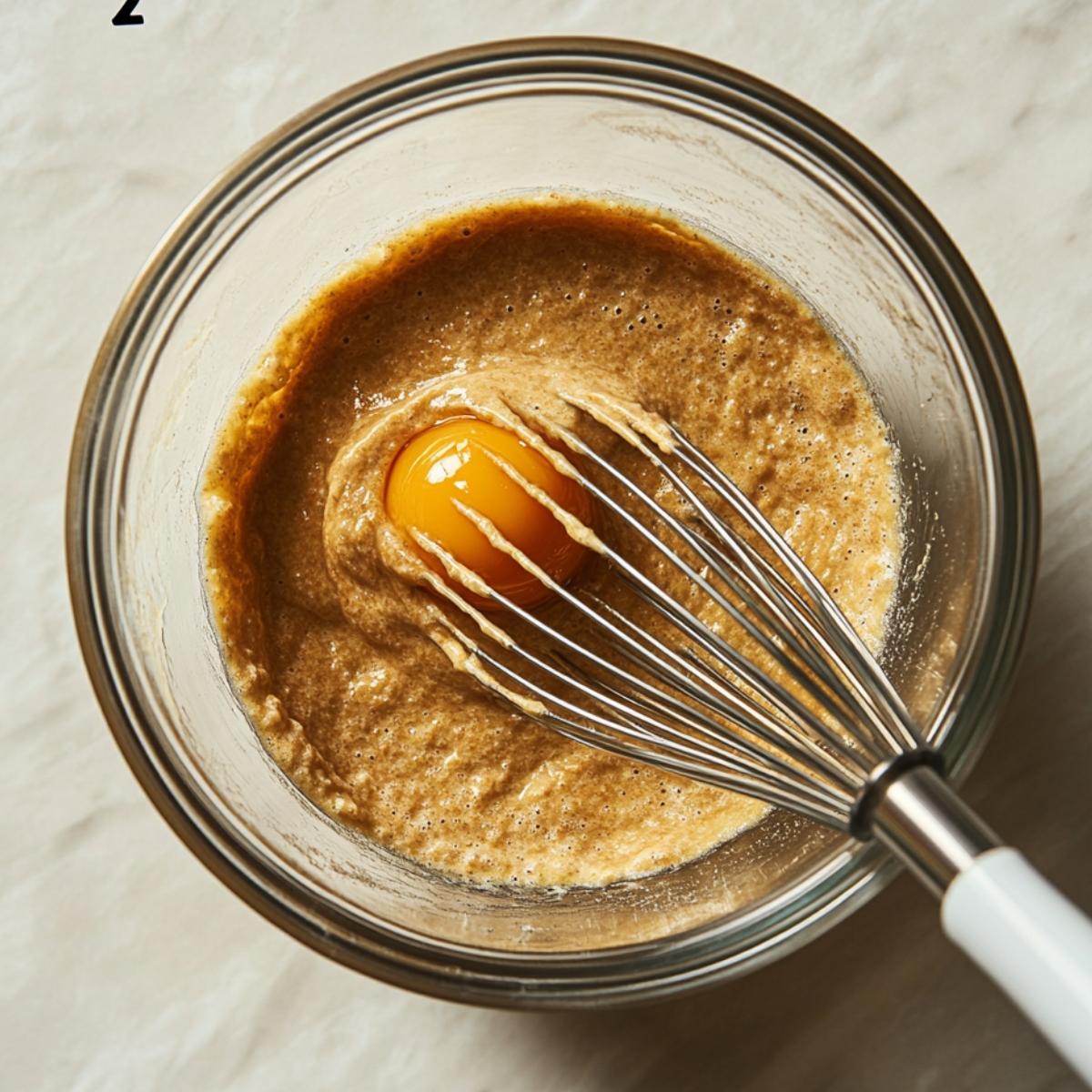 Glass bowl with brownie batter and a raw egg being whisked, shown from above on a light surface.