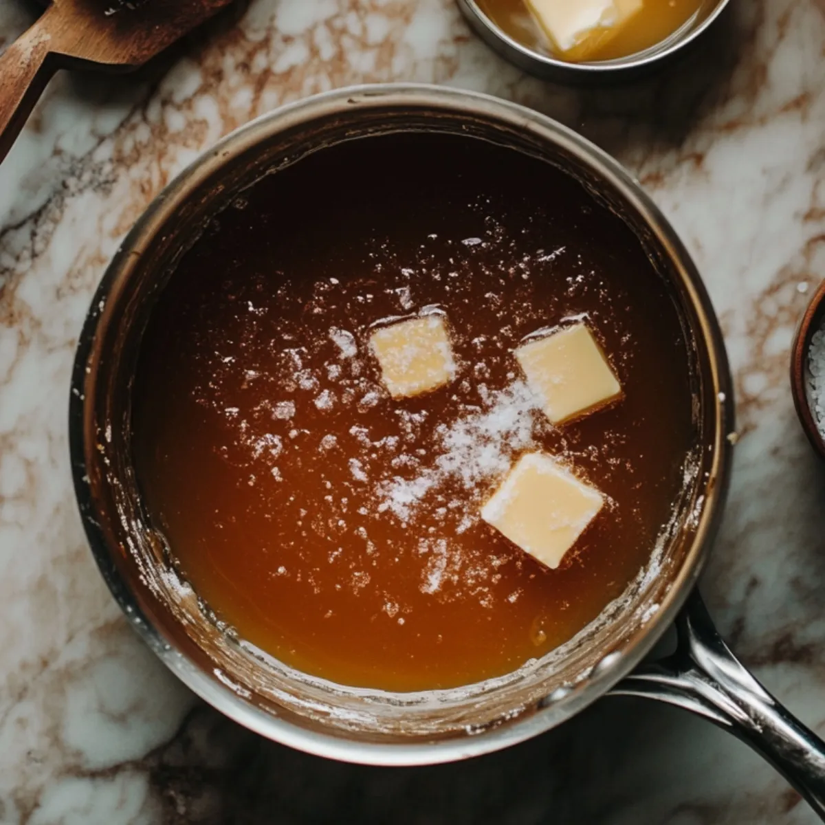 Homemade caramel sauce in a saucepan with melting butter cubes and sugar on top, set on a marbled countertop with nearby bowls of butter and sea salt.