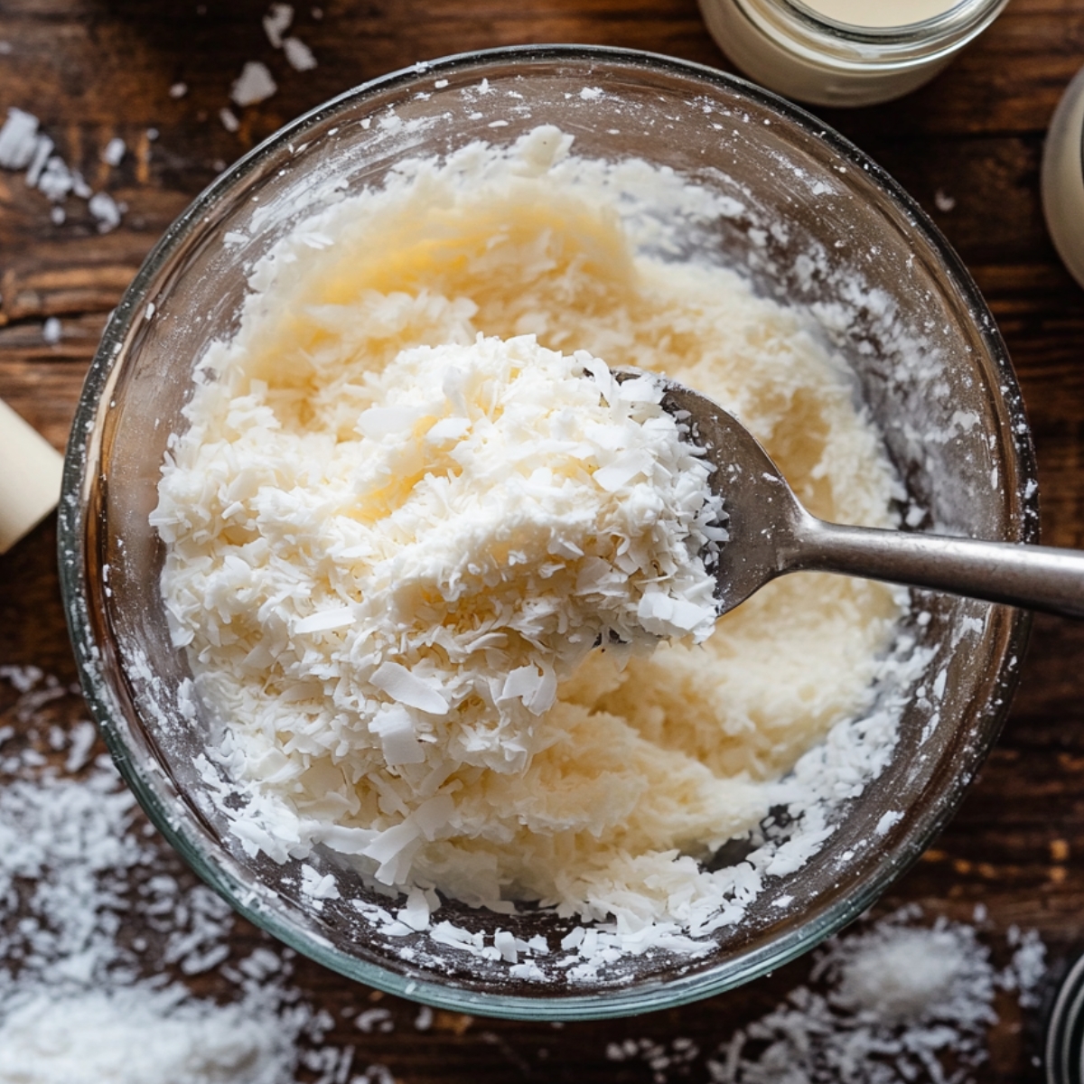 A glass mixing bowl filled with a creamy coconut mixture for homemade Mounds Cake. A metal spoon lifts a fluffy scoop of sweetened shredded coconut, with coconut flakes scattered on the rustic wooden surface.