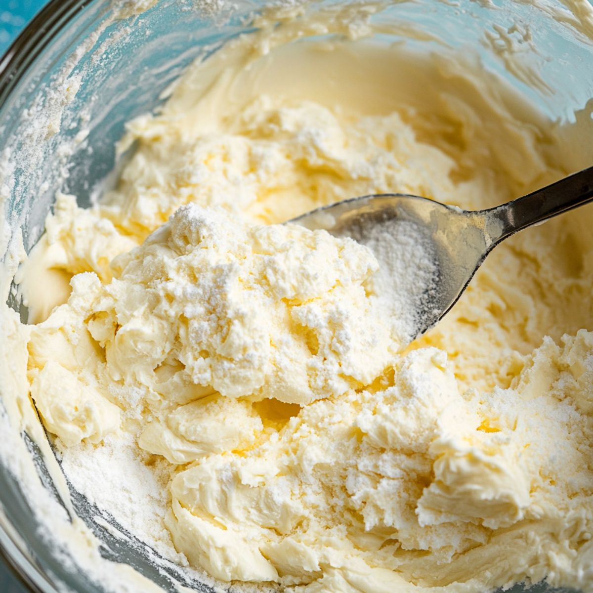 Close-up of creamy lemon cookie dough in a glass bowl with a spoon, showing soft, fluffy texture and powdered sugar being mixed in.