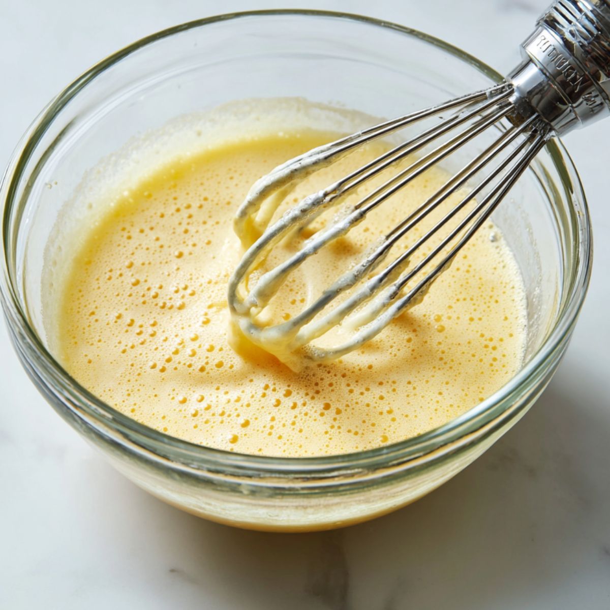 Whisking egg yolks and sugar in a glass bowl for chocolate pie filling.