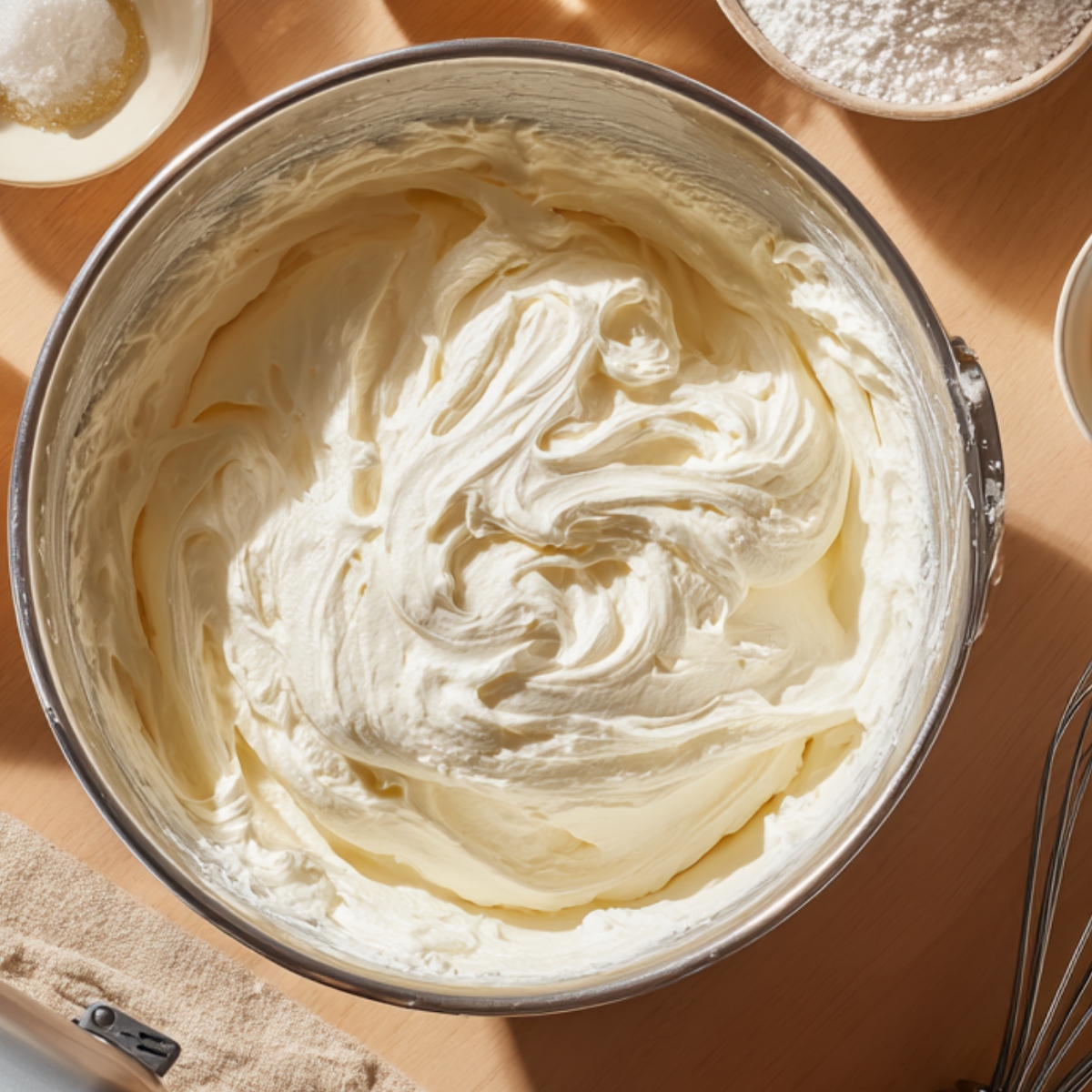 Thick, creamy cheesecake filling in a metal bowl, swirled like frosting, on a wooden counter with sugar and whisk nearby.