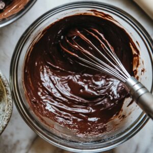 A glass bowl filled with glossy, rich chocolate ganache being whisked, with streaks of melted chocolate clinging to the sides, on a home kitchen counter.