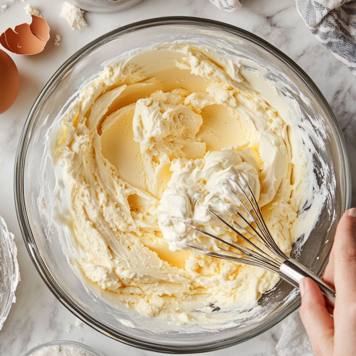 Glass bowl of creamy mascarpone mixture being gently whisked by hand, with eggshells and flour nearby on a marble countertop.