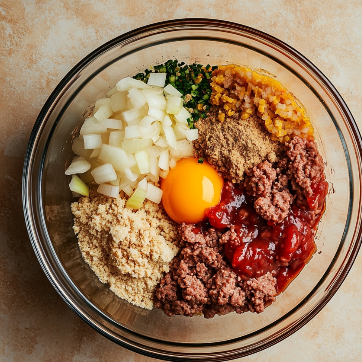 Overhead view of raw meatloaf mixture ingredients in a glass bowl, including ground beef, ketchup, egg yolk, breadcrumbs, diced onion, chopped herbs, spices, and diced bell pepper.