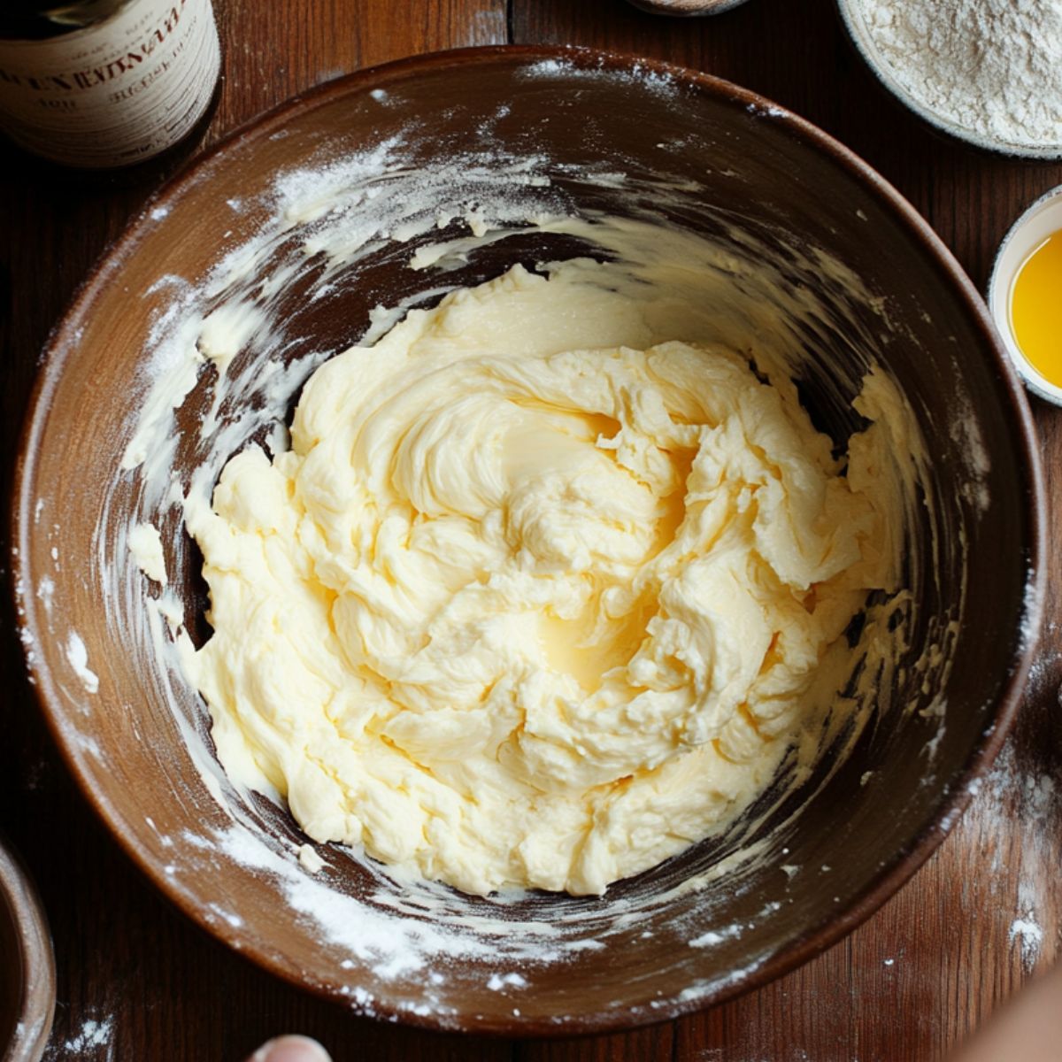 Thick, pale yellow sponge cake batter in a large wooden bowl, surrounded by flour, melted butter, and vanilla on a rustic kitchen counter.