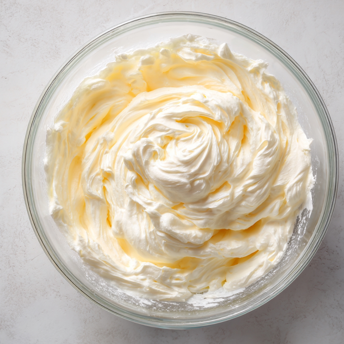 Freshly whipped cream with vanilla in a glass bowl, ready for topping a homemade cherry poke cake.