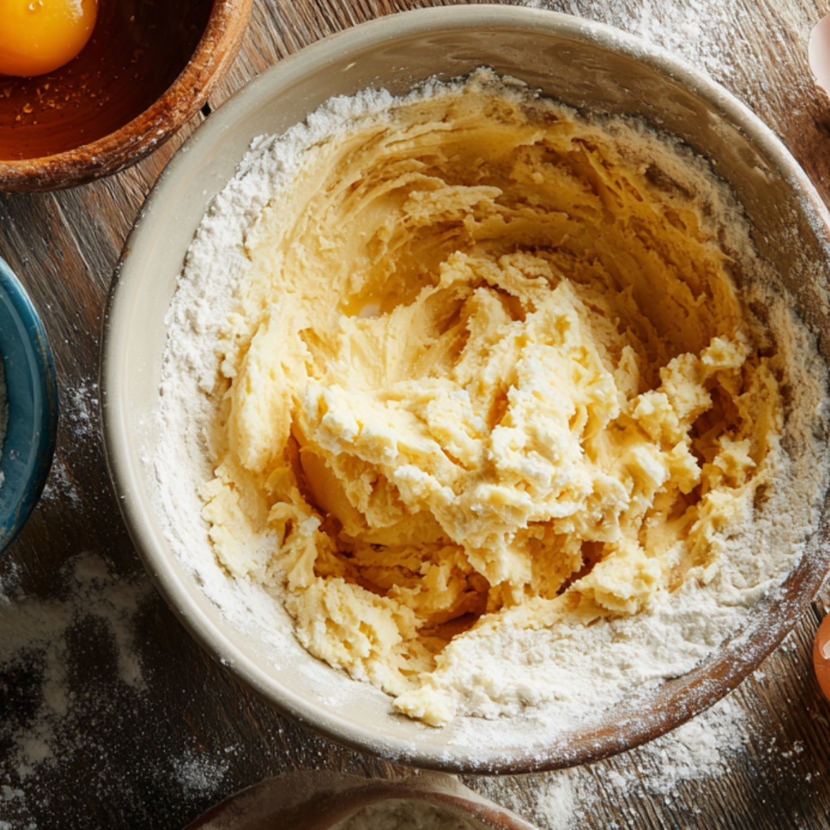 Mixing bowl with fluffy cookie dough, showing creamed butter, sugar, and egg, with flour partially mixed in—set on a floured wooden surface for a homemade baking look.