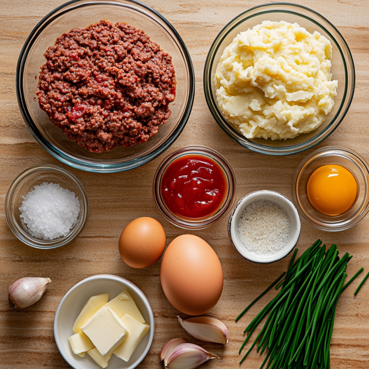 Overhead view of meatloaf cupcake ingredients on a wooden surface, including ground beef, mashed potatoes, eggs, butter, garlic, ketchup, breadcrumbs, salt, and fresh chives.