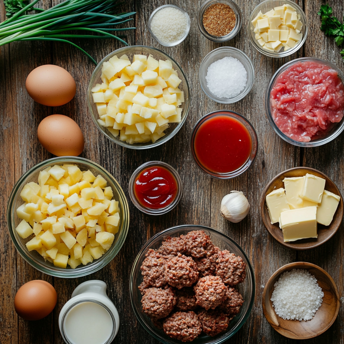 Overhead view of fresh, homemade meatloaf cupcake ingredients on a rustic wooden table, including potatoes, ground meat, eggs, butter, milk, cheese, ketchup, garlic, and herbs.