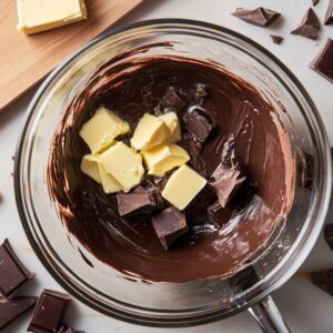 Chunks of dark chocolate and cubes of butter in a glass bowl, partially melted and being mixed for a homemade flourless chocolate cake, with chocolate pieces scattered around on a kitchen counter.