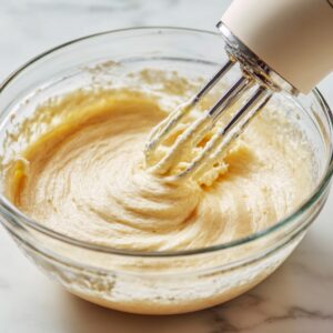 Electric hand mixer blending light-colored batter in a clear glass bowl on a marble surface, showing the smooth and creamy texture during the early stage of brownie cookie prep.