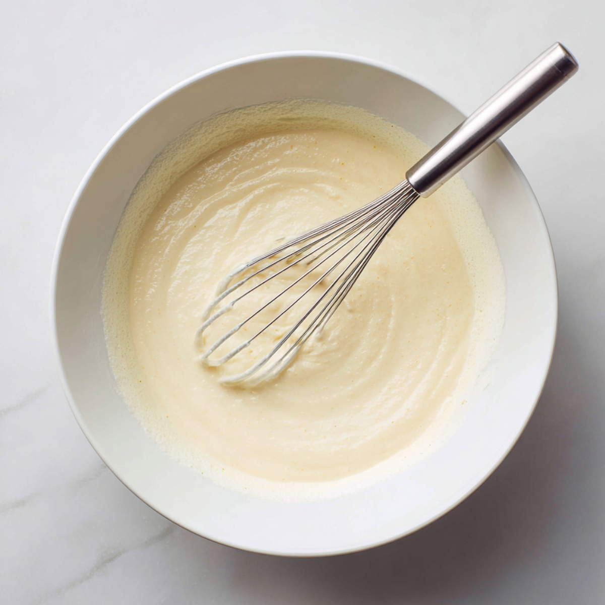 A bowl of creamy Basque cheesecake batter with a whisk resting inside, showing smooth swirls on a white marble surface.