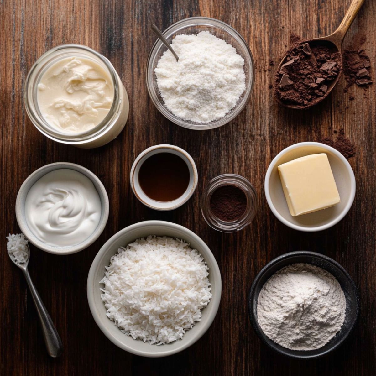 Ingredients for homemade Mounds Cake on a wooden counter, including shredded coconut, butter, cocoa powder, condensed milk, powdered sugar, vanilla, and cream in simple glass and ceramic bowls.