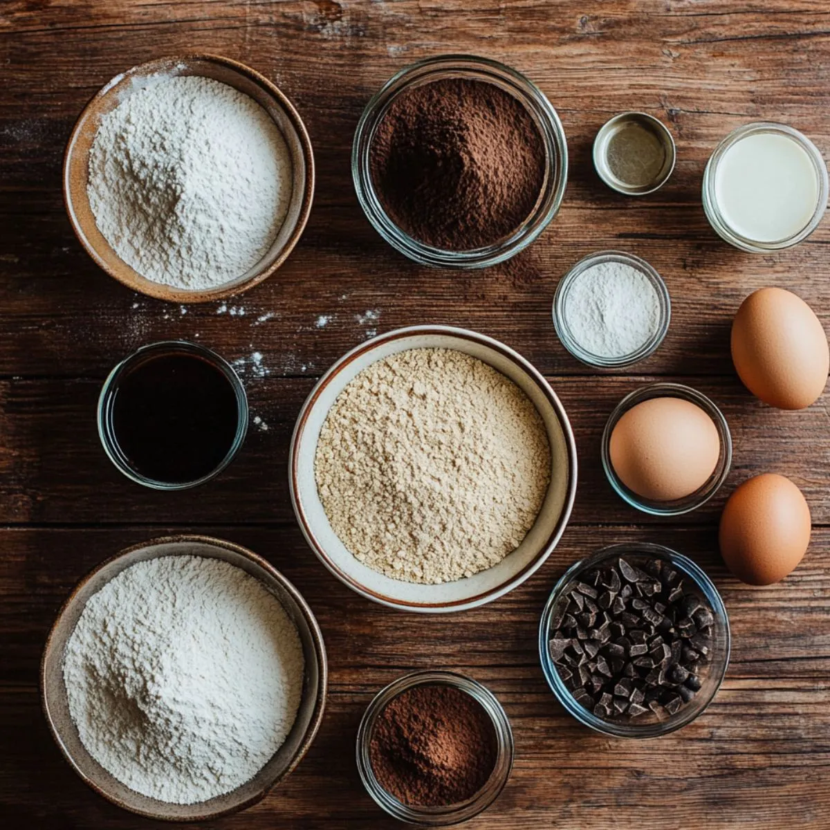 Ingredients for homemade Mounds Cake laid out on a wooden counter, including flour, cocoa powder, sugar, eggs, milk, vanilla, oil, and chocolate chunks in rustic bowls.
