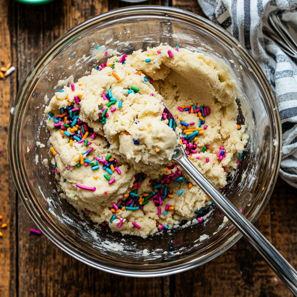 Glass bowl filled with creamy edible sugar cookie dough mixed with colorful rainbow sprinkles, with a metal spoon resting inside on a rustic wooden table.