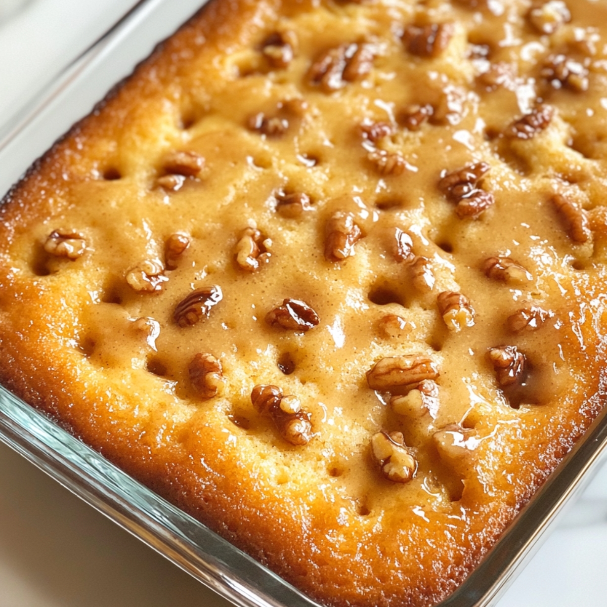 A homemade Butter Pecan Praline Poke Cake in a glass baking dish, topped with glossy praline sauce and chopped pecans, with visible holes poked throughout the golden surface.