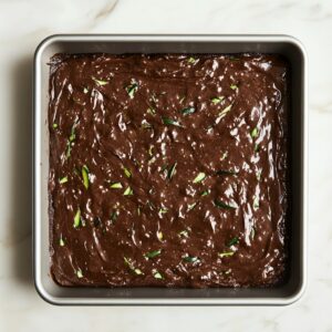 Unbaked chocolate zucchini cake batter spread evenly in a square metal pan, with green zucchini flecks visible on the glossy surface.