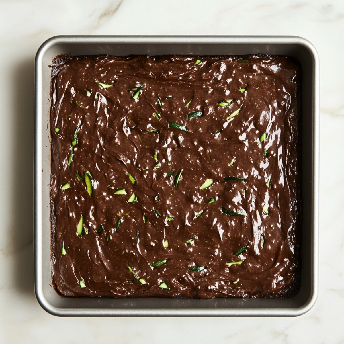 Unbaked chocolate zucchini cake batter spread evenly in a square metal pan, with green zucchini flecks visible on the glossy surface.