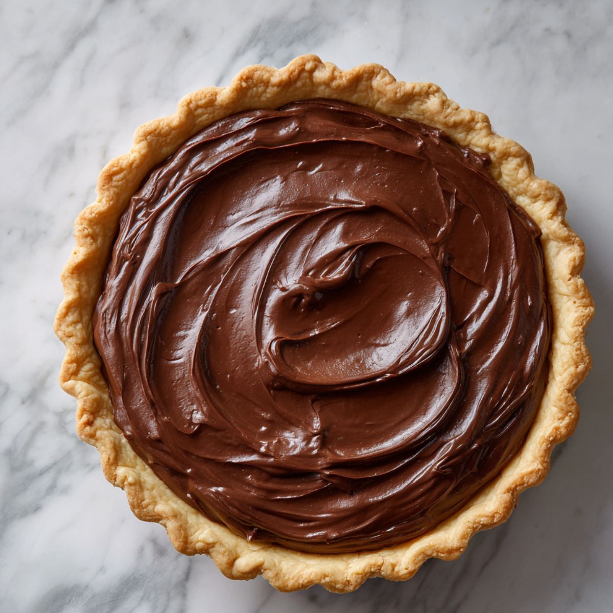 Homemade chocolate pie with glossy filling in a flaky pie crust on a marble surface.